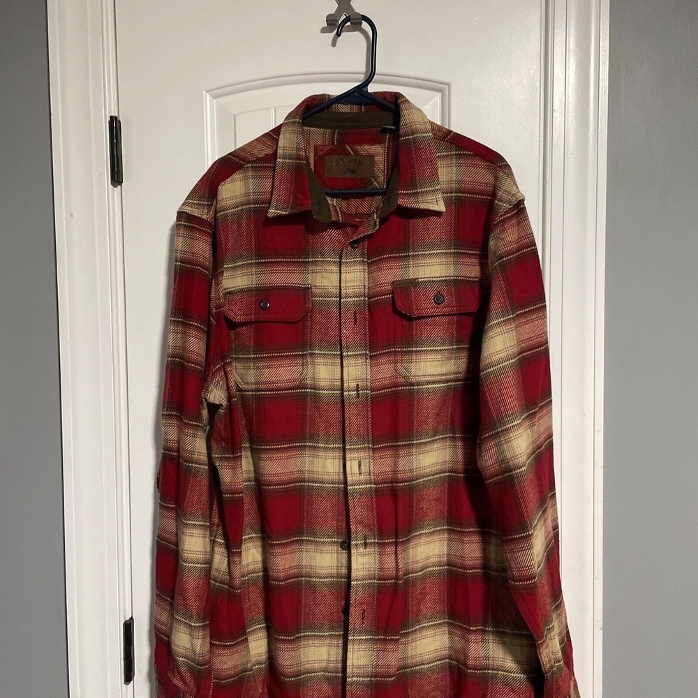 Orvis Red Plaid Heavyweight Flannel Shirt, Size XL